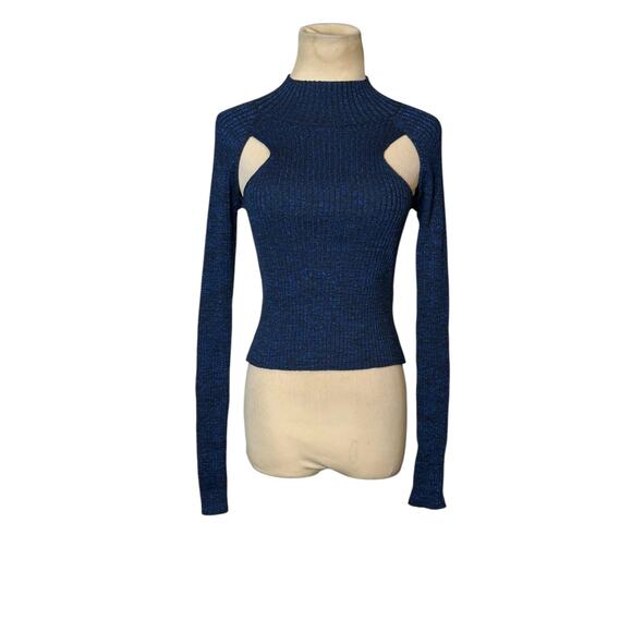 Open Edit Metallic Blue Knit Sparkly Cutout Long Sleeves Sweater Size Small - Picture 11 of 11